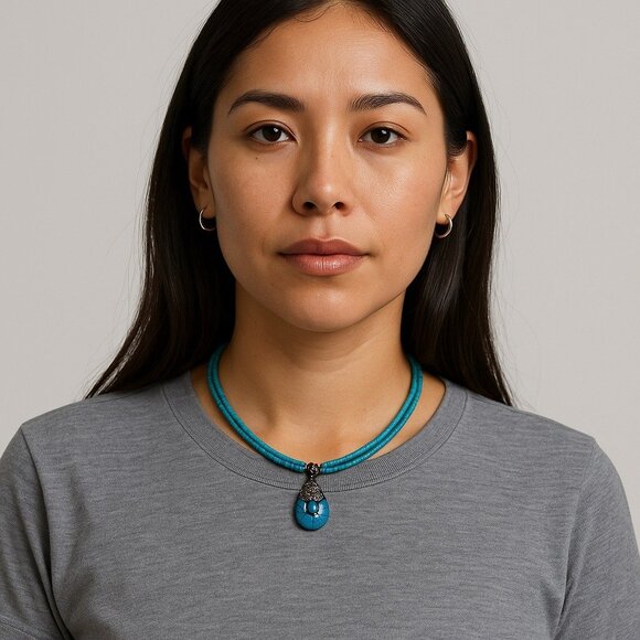 Vintage Teng Yue Turquoise Bead Necklace Sterling Silver Clasp Teardrop Pendant - Picture 6 of 6